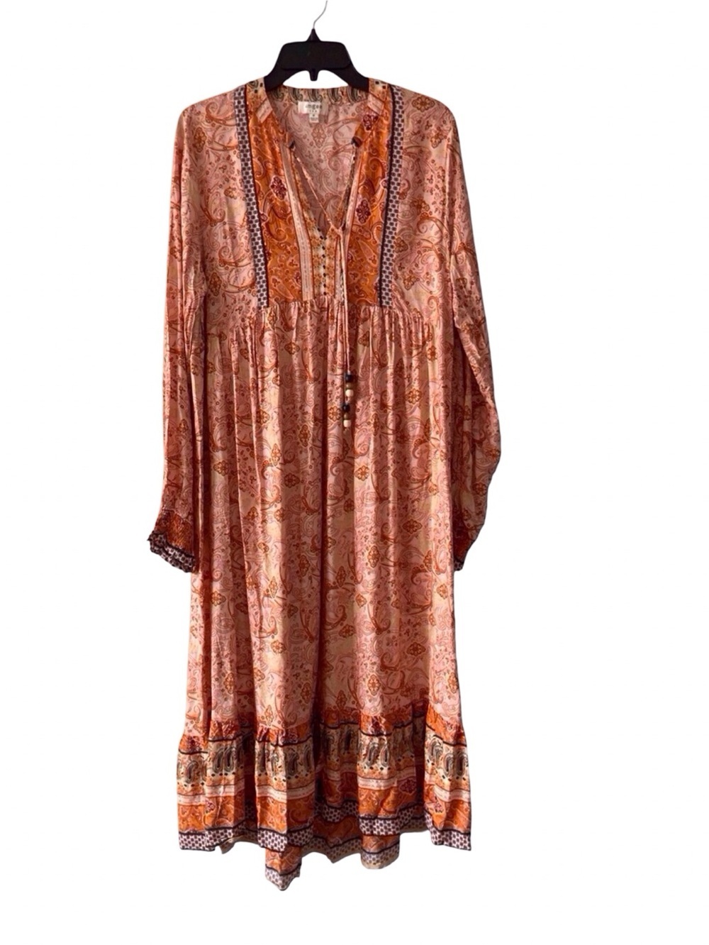 Umgee Boho Paisley Maxi Dress Long Sleeve Tassel Tie V-Neck Size M